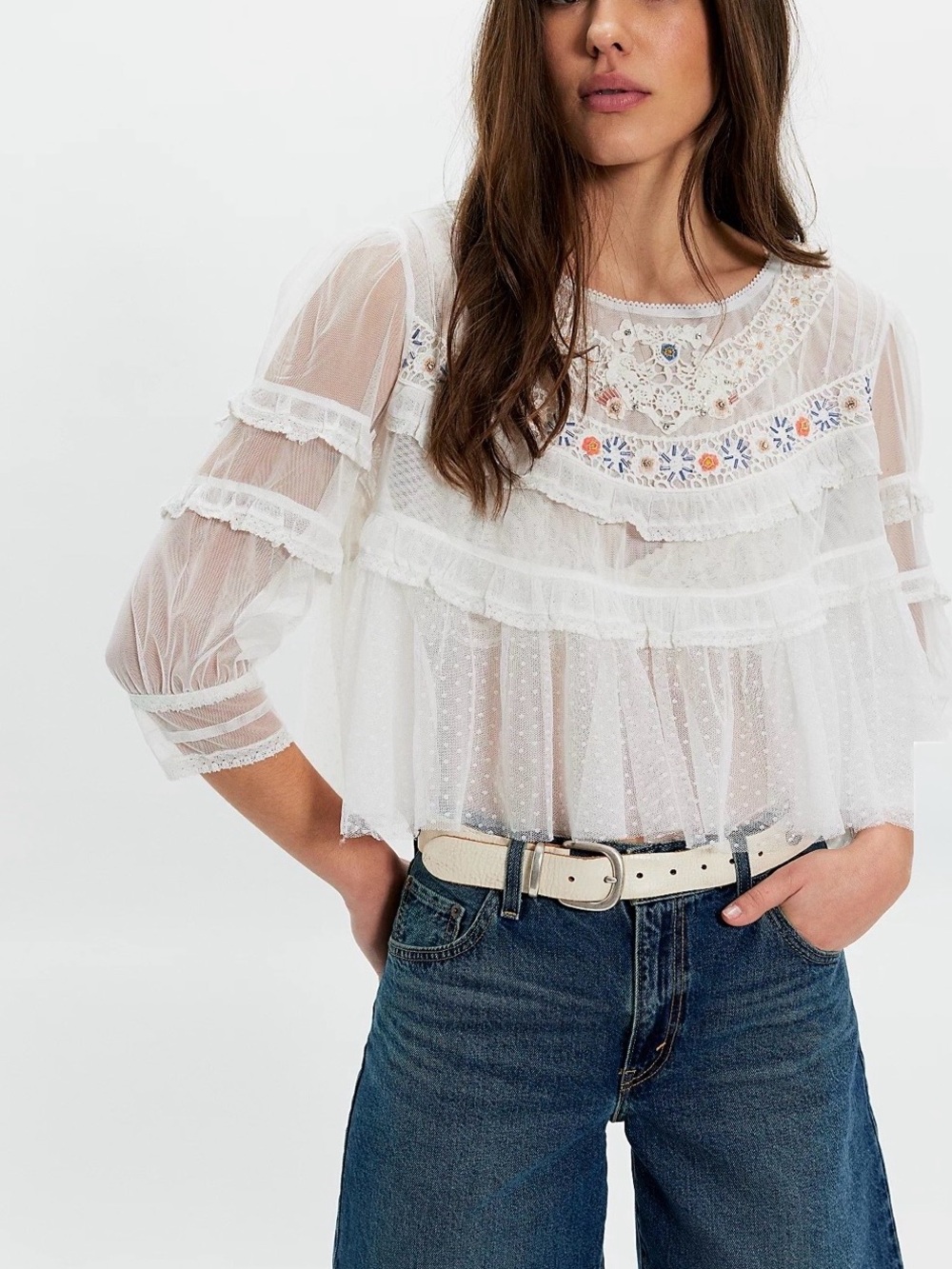 Free People Daisy Daze Blouse White Embroidered Sheer Mesh Ruffle Top M